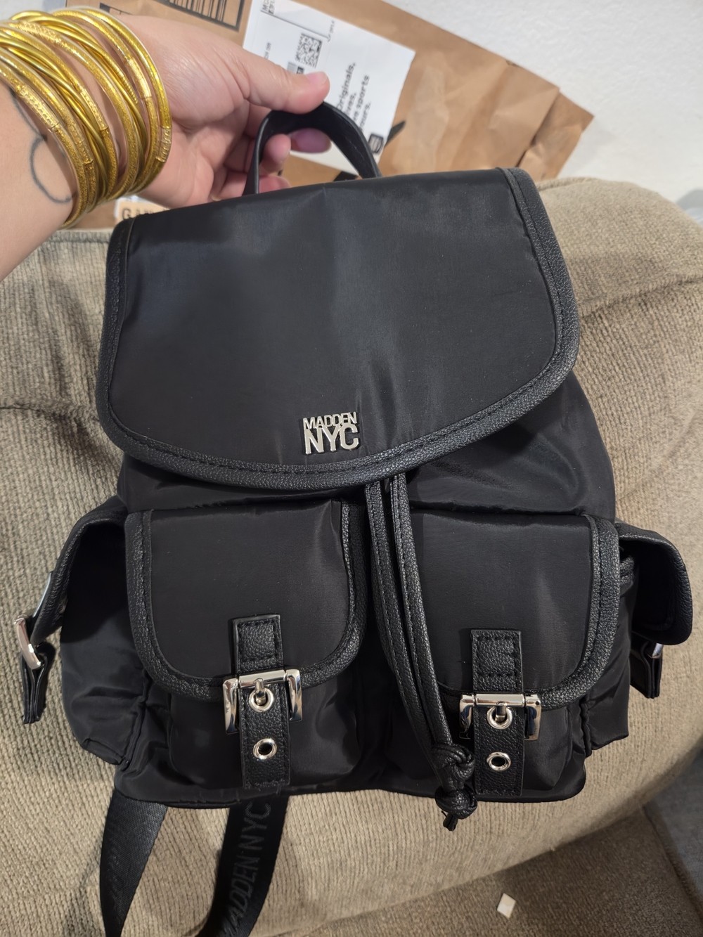 Madden NYC Black Mini Nylon Backpack with Front Pockets